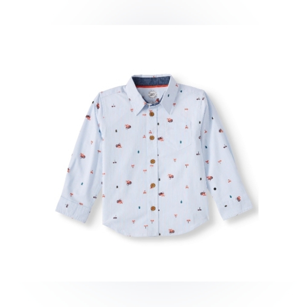 Boys 2T blue button down collared shirt with foxes